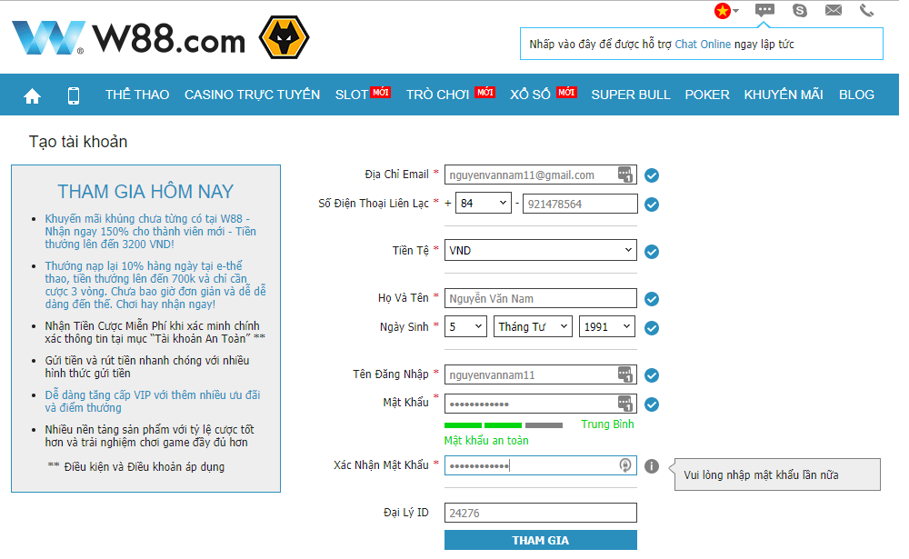 Giao diện đăng ký tài khoản W88 Giao dien dang ky tai khoan w88