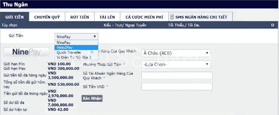 gửi tiền vào tài khoản m88 10